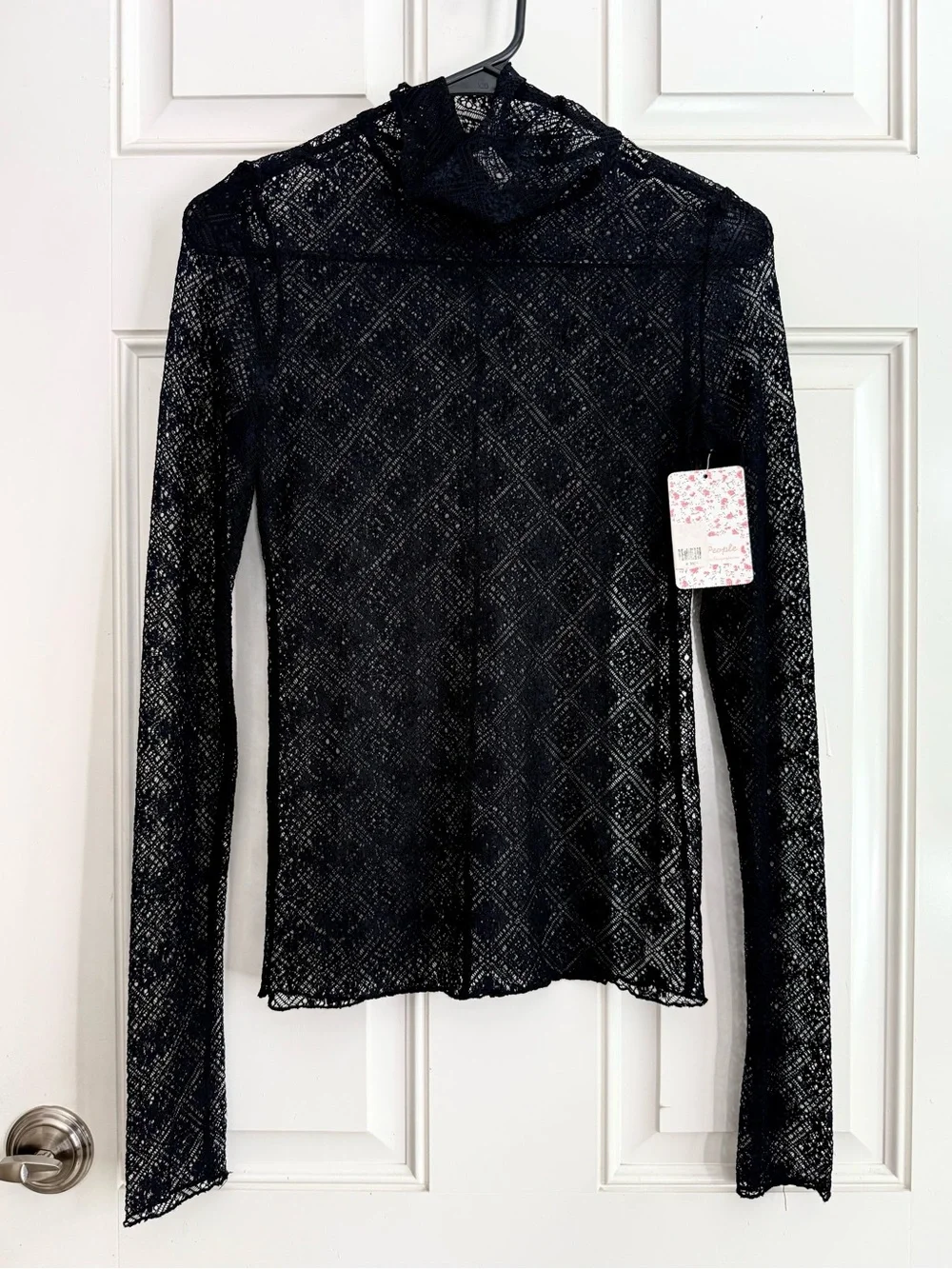 Free People Black Diamond-Pattern Lace Long Sleeve Turtleneck